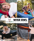 Collage showcasing Wise Owl Gear: camping pillow, underquilt, hammock setup in nature, SnugNet bug net, perfect outdoor relaxation