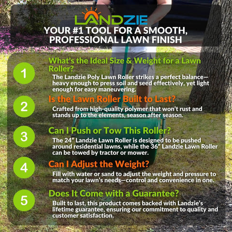 Infographic for 24 Inch Poly Lawn Roller With Fifteen Point Eight Gallon Water Fill detailing features and benefits against lawn background