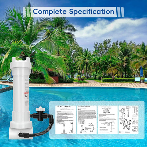 320 Chlorinator In Line Feeder Compatible With 320 Automatic In Line Chlorine And Bromine System For Pools And Spas Holds 11 Large Tablets Or 98 Small Tablets Online Or Offline Use. White plastic feeder with return-line fittings and manuals