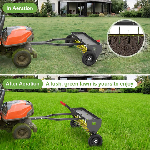 Tow Behind Spike Aerator 40 Inch Heavy Duty Rolling Lawn Aerator With 3D Star Tines and weight tray in use on a lawn