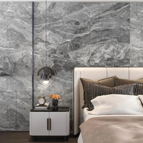 Gray Marble Look Contact Paper Peel And Stick Countertop Wrap For Kitchen and Bathroom, installed on a bedroom wall