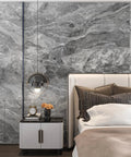 Bedroom wall with gray marble contact paper peel and stick wallpaper for kitchen counters and tables, textured matte vinyl wrap.