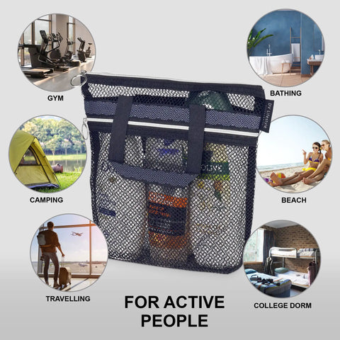 Mesh Shower Bag On The Go With Quick Dry Caddy, Zippered Tote And 2 Pockets, usable for gym, beach, travel, dorm, and camping.