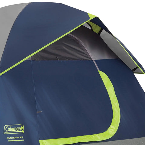 Close-up of blue Sundome Camping Tent With Rainfly For Two To Six People, Easy Ten Minute Setup, Weatherproof Shelter detail.