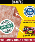 Close-up of Heavy Duty Hand Cleaning Wipes, textured fabric, dual action scrub and clean, sports active fragrance, high tear resistance.