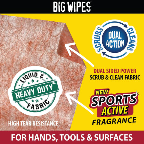 Close-up of Heavy Duty Hand Cleaning Wipes, textured fabric, dual action scrub and clean, sports active fragrance, high tear resistance.