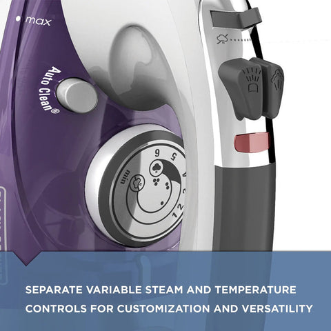 Close-up of Pro Grade Steam Iron With Stainless Steel Soleplate Extra Long Cord AntiDrip Tech Auto Clean System Variable Steam Controls