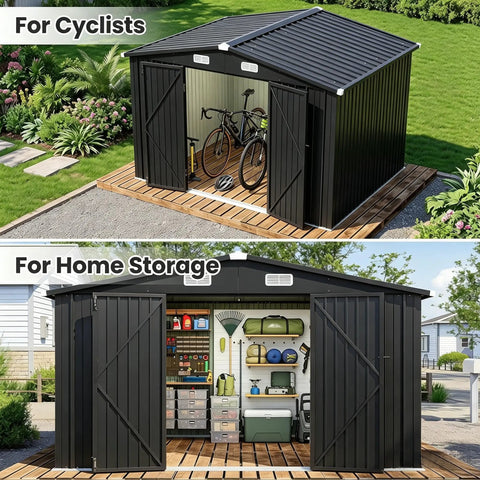 Beefy Heavy-Duty Metal Outdoor Storage Shed With Sloped Roof And Lockable Door For Patio, Lawn And Backyard, Black 10x8 Ft