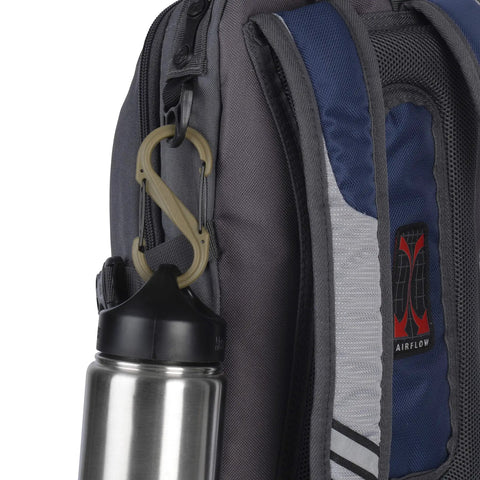 Dual S Shaped Carabiner Clip Size 4 For Keys And Gear attached to backpack with water bottle