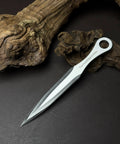 Kunai Inspired Throwing Tool With Full Tang Stainless Steel Build, 8.66 Inch Blade resting on wood