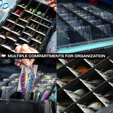 BallistiX Hangr 3.7D Tackle Tray showcasing multiple compartments with lures and baits, clear lid, angled divider system.
