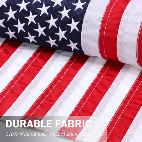 Close-up of 210D nylon embroidered Two Pack American Flag Garden Flags, showcasing stars and double-stitched stripes.