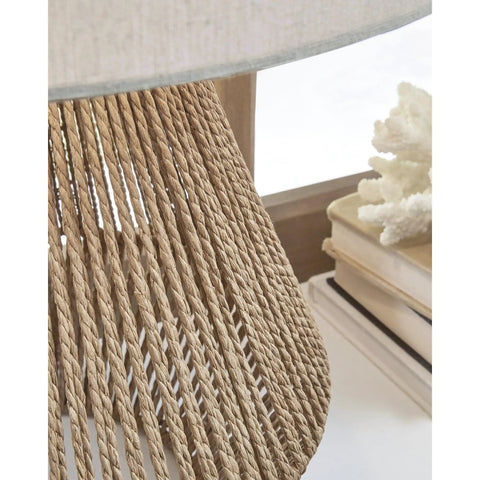 Close-up of Boho Coastal Table Lamp with 23.5 inch paper rope and wood base, light brown finish, natural rustic decor.