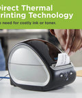 Turbo Driven Direct Thermal Label Printer With Automatic Size Detection And Plug And Play Usb Hookup Plus Lan Networking For Offices Or Shipping Without Any Ink Or Toner Hassle Just A Smooth Operator Ready To Roll Out The Daily Grind printing a label on a desk.