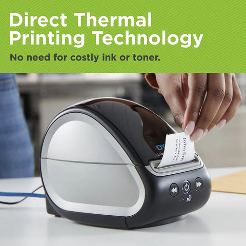 Turbo Driven Direct Thermal Label Printer With Automatic Size Detection And Plug And Play Usb Hookup Plus Lan Networking For Offices Or Shipping Without Any Ink Or Toner Hassle Just A Smooth Operator Ready To Roll Out The Daily Grind printing a label on a desk.