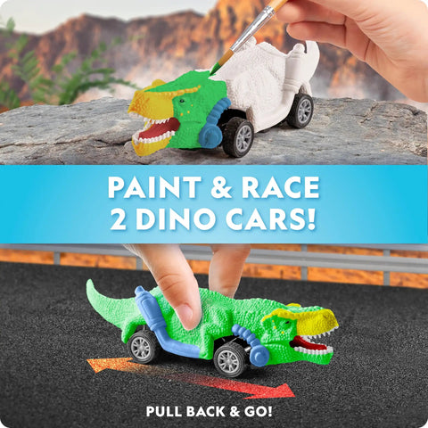 Dinosaur Egg Activity Kit With Fifteen Plus Dino Crafts Paint And Race Pull Back Cars clay car being painted and raced