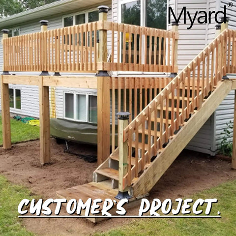 Elevated deck with railings using Nominal 4x4 Post Base Cover With Skirt Flange And Stainless Steel Screws For Deck Porch Railing Support Black Fits Actual 3.5 By 3.5 Inch Posts Easy Install No Extra Hardware Required