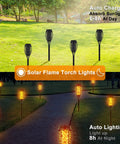 4 Pack Solar Tiki Torch Lights With Flickering Flame IP65 Waterproof Outdoor Solar Powered Pathway Garden Yard Patio Porch Decor For Halloween And Year Round Vibe, shown charging in sunlight and lit at night in a garden path.