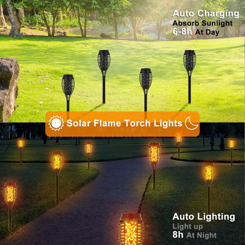 4 Pack Solar Tiki Torch Lights With Flickering Flame IP65 Waterproof Outdoor Solar Powered Pathway Garden Yard Patio Porch Decor For Halloween And Year Round Vibe, shown charging in sunlight and lit at night in a garden path.