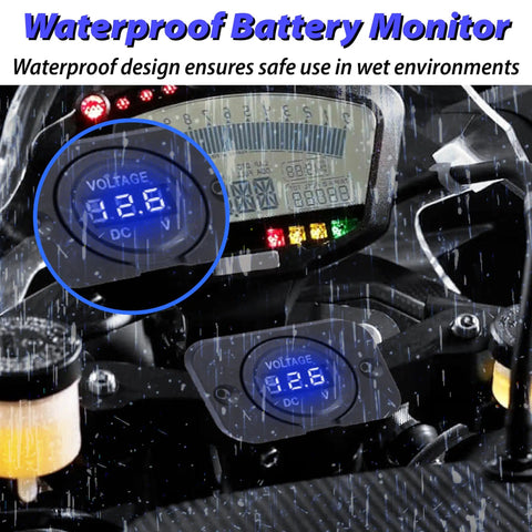 Car Battery Voltage Meter 12V 24V Digital Volt Gauge waterproof blue LED display installed in vehicle battery compartment
