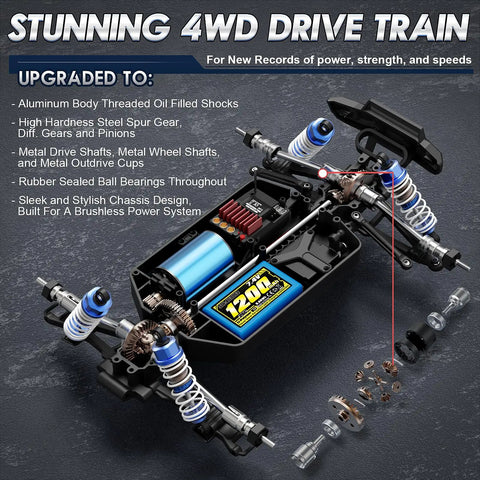 Detailed view of Brushless Monster RC Truck 1/16 Scale 4x4 All Terrain Off Road Racer metal drive train components.