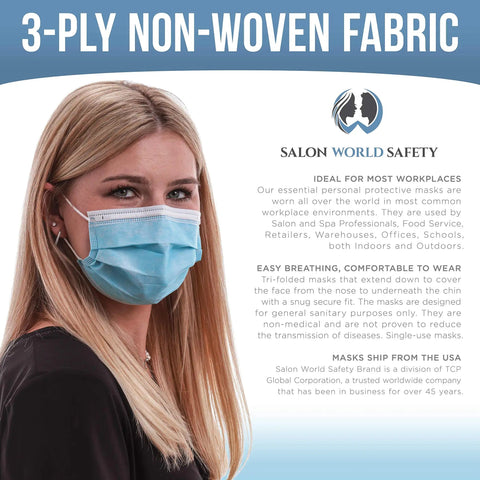 Woman wearing a mask from the Sealed Dispenser Box Of 50 Breathable Disposable 3 Ply Face Masks PPE With Nose Clip And Ear Loops
