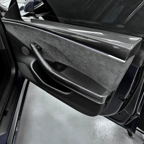 Autoclave Pressed Real Dry Carbon Fiber Door Panel Overlays Fits Tesla Model 3 Highland And Model Y Slick Matte 4 Piece Trim Kit close-up of installed door panel.