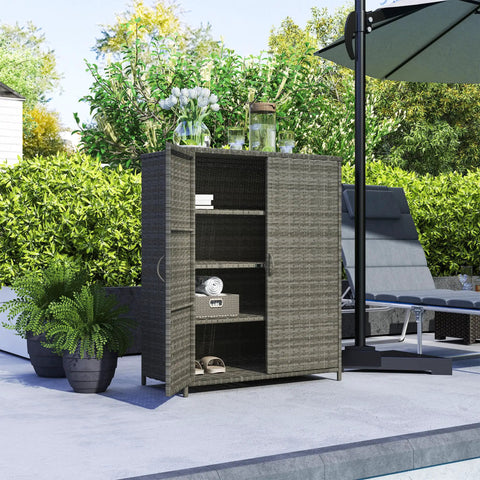 Sturdy Wicker Outdoor Storage Cabinet With Four Shelves And Two Doors, The Perfect Stash For Pool Towels And Spa Stuff In Backyard, Patio Or Garden, Mixed Gray, Weather Resistant Steel Frame And Hand Woven Rattan