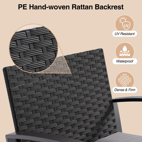 PE hand-woven rattan backrest of Three Piece Patio Furniture Set With Rocking Bistro Style Chill Outdoor Rattan Conversation Set.