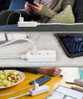 Three Outlet Surge Protector Power Strip With 10 Ft Braided Extension Cord for home and office use, shown in different setups