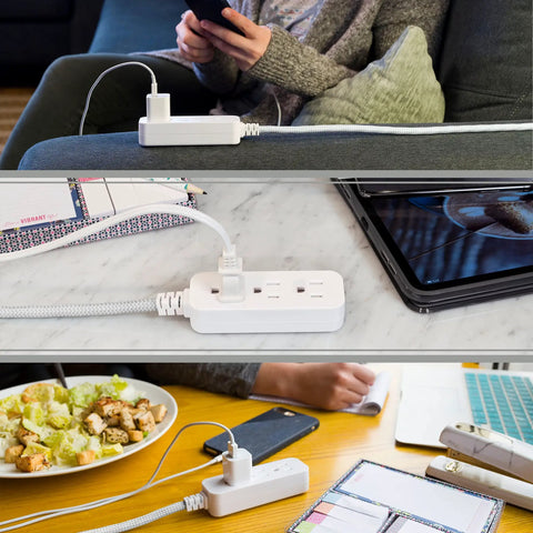 Three Outlet Surge Protector Power Strip With 10 Ft Braided Extension Cord for home and office use, shown in different setups