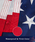 Close-up of 3 x 5 ft American Flag For Outdoor Use, 350D Heavy Duty Polyester with waterproof and embroidered stars detail.