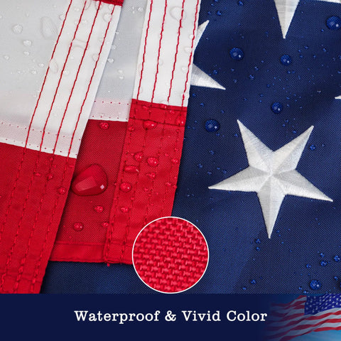 Close-up of 3 x 5 ft American Flag For Outdoor Use, 350D Heavy Duty Polyester with waterproof and embroidered stars detail.