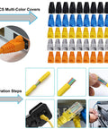 50 PCS multi-color covers for RJ45 connectors, usage steps for the Straight Shooter Cat5 Cat6 Pass Through Crimping Tool and Wire Stripper Network Test Kit.