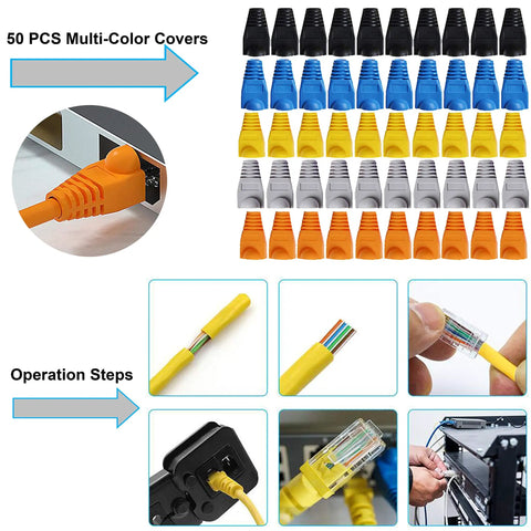 50 PCS multi-color covers for RJ45 connectors, usage steps for the Straight Shooter Cat5 Cat6 Pass Through Crimping Tool and Wire Stripper Network Test Kit.