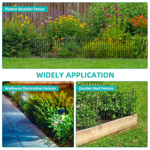 No Dig Animal Barrier Fence Kit With 25 Panels Measuring 17 Inches High And 27 Feet Long Garden Fence Border For Rabbits And Dogs Rustproof Metal Fence To Stop Digging And Prevent Escapes In Yard Patio shown installed in garden and walkway settings.