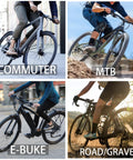 Cyclists on commuter, mountain, e-bike, and road/gravel bikes showcasing versatility of suspension seat post with 50mm travel.