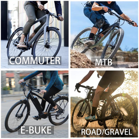 Cyclists on commuter, mountain, e-bike, and road/gravel bikes showcasing versatility of suspension seat post with 50mm travel.