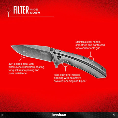 Filter Frame Lock Knife In Stainless Steel With A 3.25 Inch BlackWash Drop Point Blade For Everyday Carry Durable Steel Handle