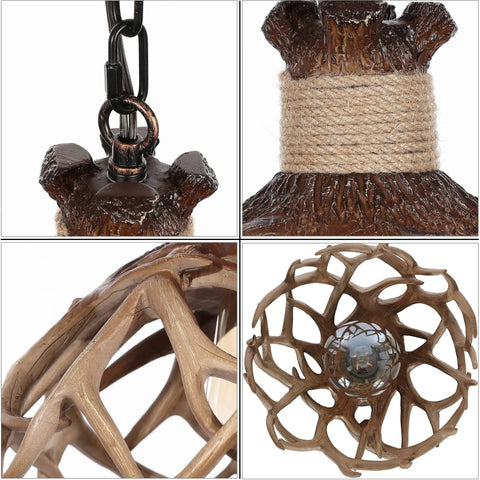 Rustic Deer Antler Pendant Ceiling Light With Aged Iron Accents, One E26 Base, LED Compatible, Brown Finish For Kitchen Island, Cabin Bath, And Hallways, Includes 5.9 Ft Adjustable Chain, Vintage Farmhouse Vibe
