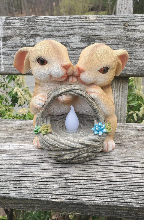Solar Powered LED Outdoor Bunny Garden Light Statue For Yard And Lawn Decor, two rabbits with a lit basket on bench