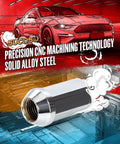 32-Piece M14x1.5 Lug Nut Kit With 19mm Hex Conical Seat For Aftermarket Wheels, Fits Silverado Sierra Suburban Express Ram F250 F350 2011 And Up, 8 Lug, Bolt-On, Ride-Ready, Heavy-Duty Steel. Close-up of lug nut and car illustration.