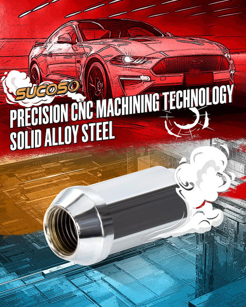 32-Piece M14x1.5 Lug Nut Kit With 19mm Hex Conical Seat For Aftermarket Wheels, Fits Silverado Sierra Suburban Express Ram F250 F350 2011 And Up, 8 Lug, Bolt-On, Ride-Ready, Heavy-Duty Steel. Close-up of lug nut and car illustration.