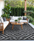 Durable 5x8 Outdoor Rug For Patio And RV Use, Waterproof Reversible Plastic Mat with geometric design on patio