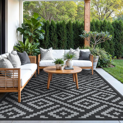 Durable 5x8 Outdoor Rug For Patio And RV Use, Waterproof Reversible Plastic Mat with geometric design on patio