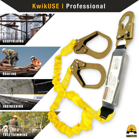 Heavy Duty Double Leg External Shock Absorber Safety Lanyard, 6ft Extends To 7ft 2In, weather-ready with snap rebar connectors, shown with usage examples.