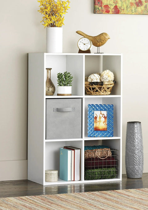 Six Cube Storage Organizer Bookcase With Open Display Shelves Three Tier Stackable MDF Wood Cabinet For Living Room Bedroom Home Office White Go To Storage That Keeps Books Toys Clothes Neat And Easy To Find displayed in a room corner with decor items.