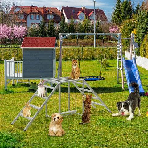 Chicken Coop Perch With Swing And Ladder Set For Backyard Farms Wooden Roosting Bar with animals in garden setting