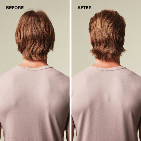 Before and after back view of a man’s hair demonstrating the effects of Heavy Hitter Daily Deep Cleansing Shampoo For Men - All Hair Types.