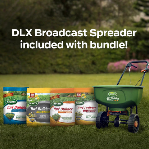 All Season Lawn Care Bundle For Large Northern Yards With EdgeGuard DLX Broadcast Spreader showcasing lawn products and spreader